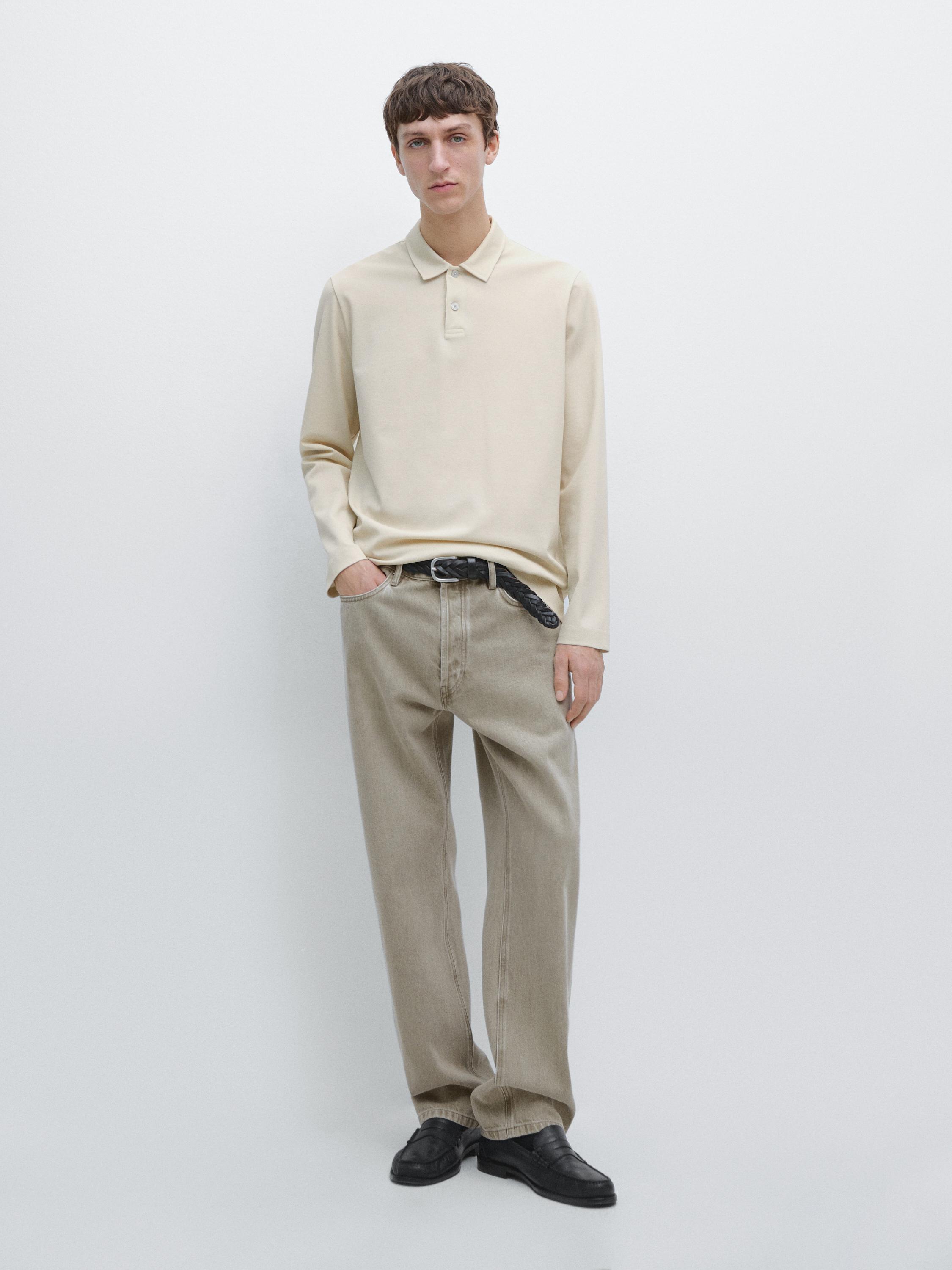 Long sleeve mercerised cotton piqué polo shirt