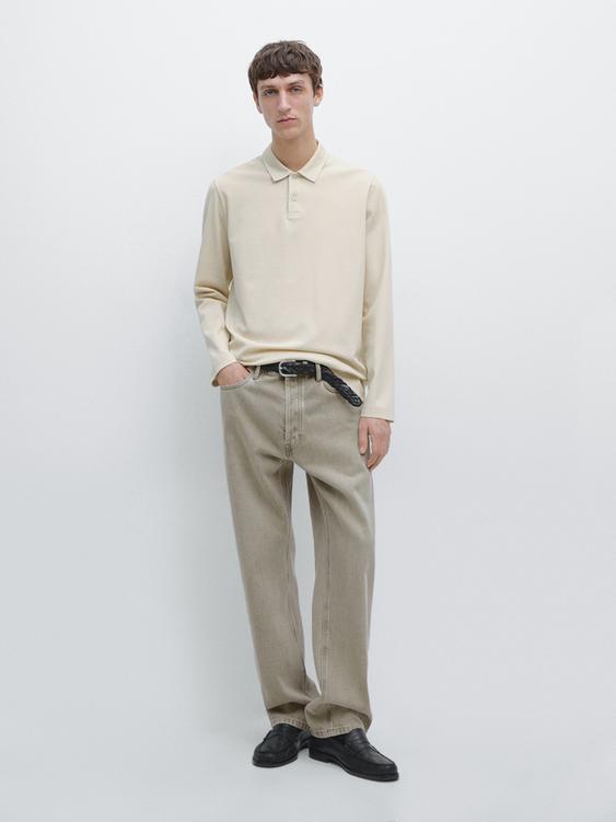 Long sleeve mercerised cotton piqué polo shirt