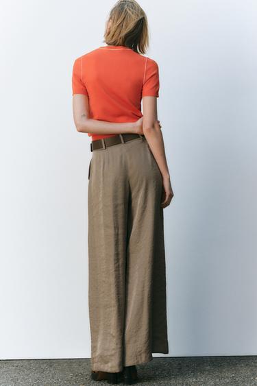 SATIN WIDE-LEG TROUSERS WITH BELT - Brown / Taupe by Zara - Image 3