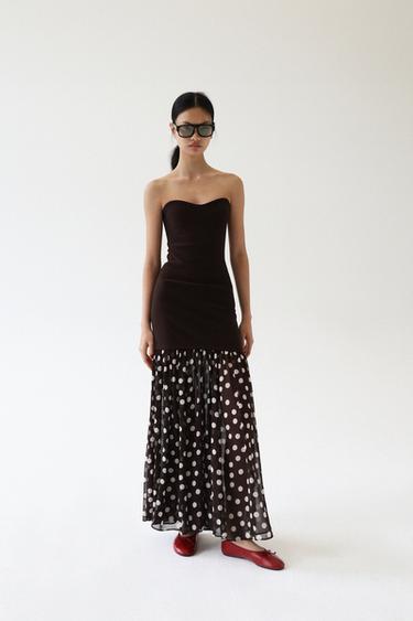 Zara 波卡圓點拼接洋裝 - 棕色