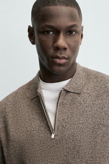 Zara KNIT ZIP POLO SHIRT - Brown / White