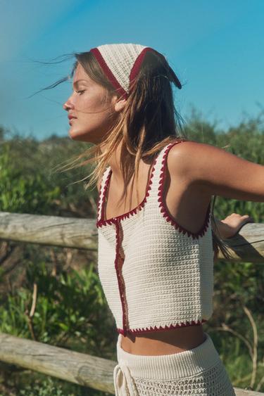 KNIT BUTTON CROP TOP - Light beige by Zara