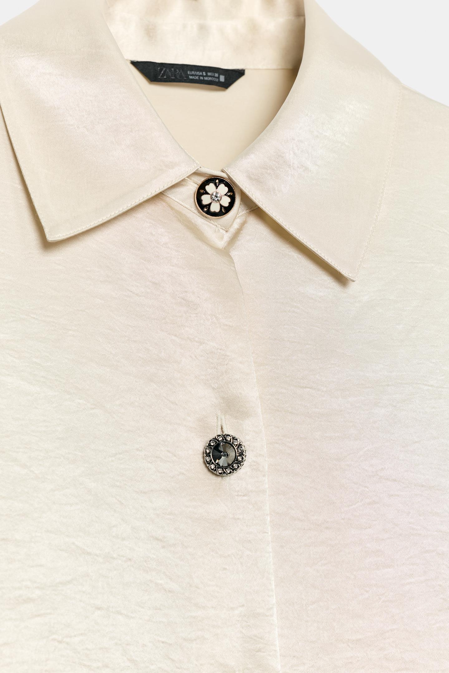 Женская рубашка Zara Satin Shirt with Jewel Buttons, цвет: Экрю — фото 8