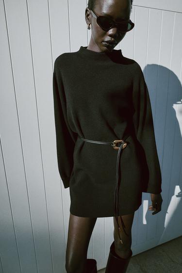 BELTED KNIT SHORT DRESS — Black 1