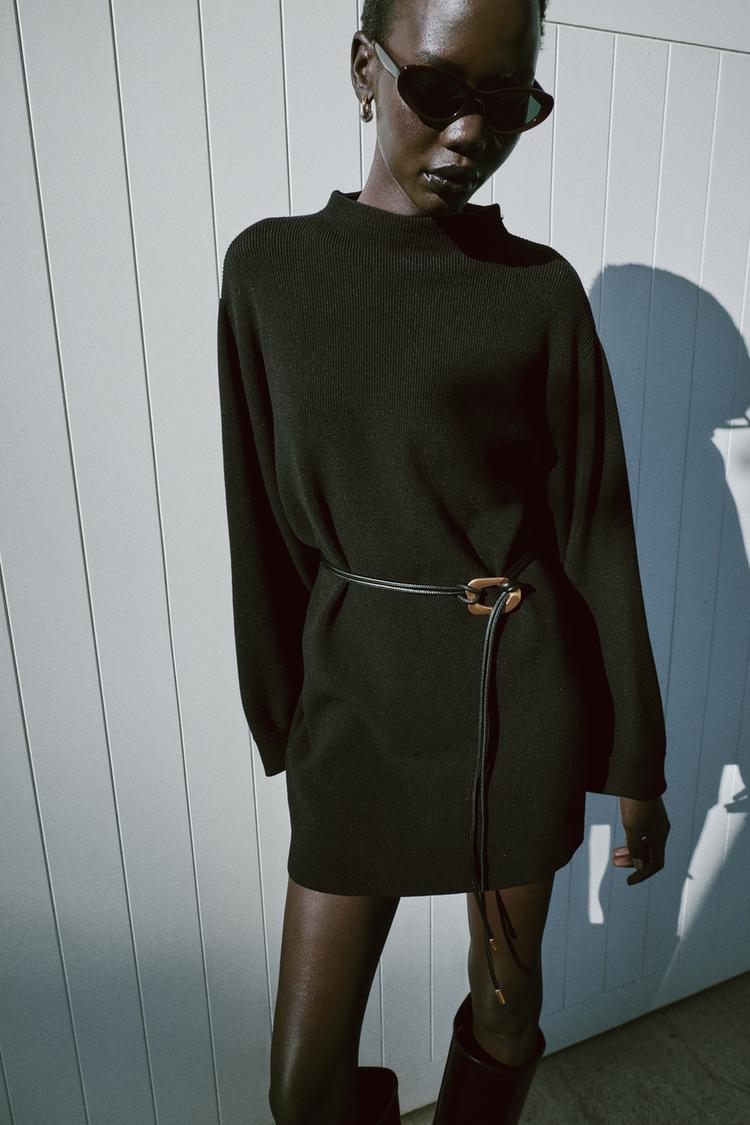 BELTED KNIT SHORT DRESS — Black