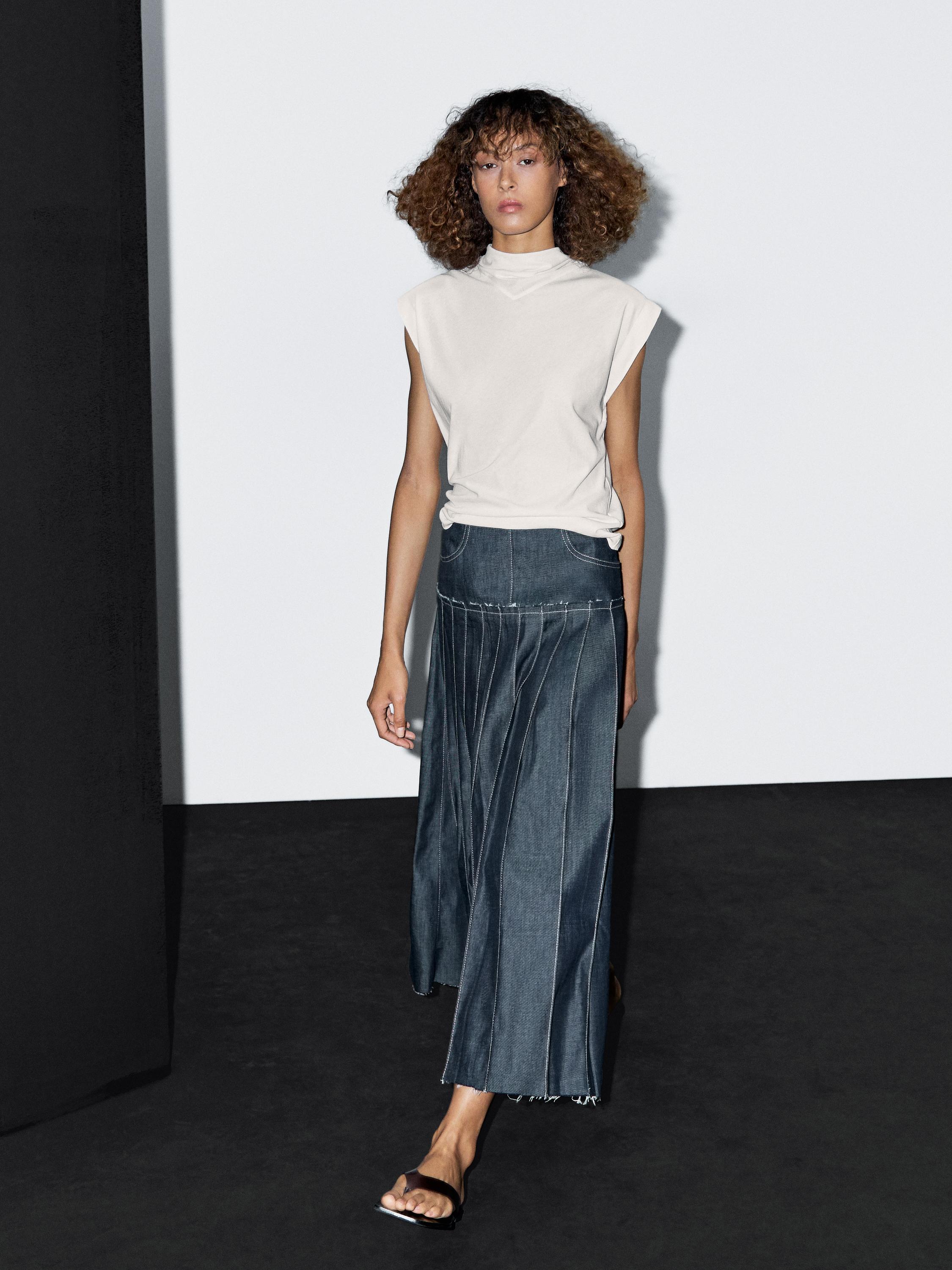 Denim midi skirt with box pleats