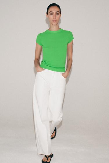 Zara SHORT SLEEVE RIB KNIT TOP - Green