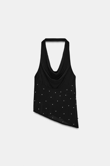 TOP HALTER ASYMÉTRIQUE BRILLANT - Noir de Zara - Image 5