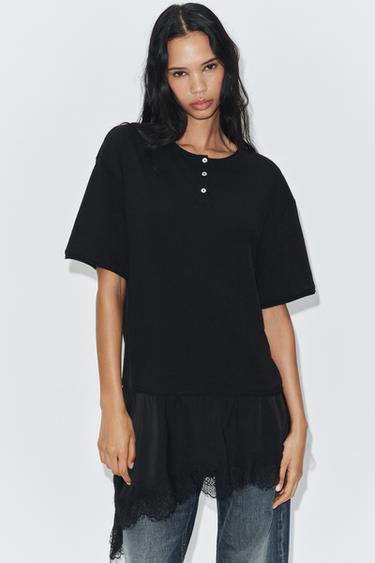 Zara LACE TRIM HENLEY SHIRT - Black