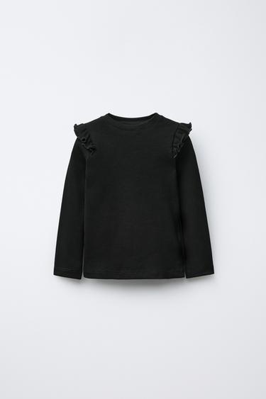 Zara RIBBED RUFFLE T-SHIRT - Black