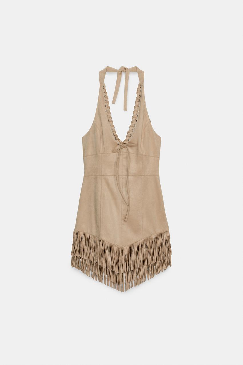 mini fringe dress zara FRINGED MINI DRESS - camel