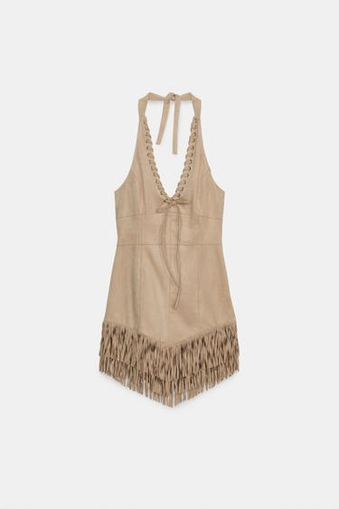 FRINGED MINI DRESS - camel by Zara