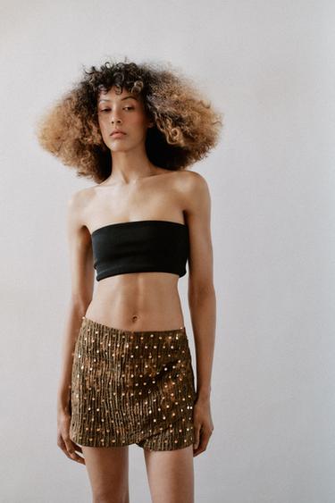 FALDA PANTALÓN CRUZADA LENTEJUELAS - kaki oscuro de Zara
