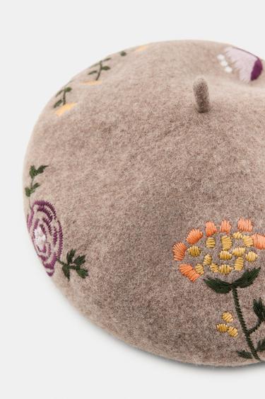 100% WOOL BERET WITH EMBROIDERED FLOWERS - camel by Zara - Image 4