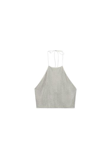 RHINESTONE TULLE HALTER TOP