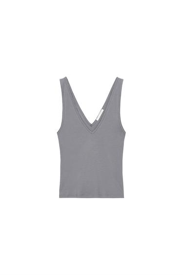 Zara RIB V-NECK TOP - Blue / Gray