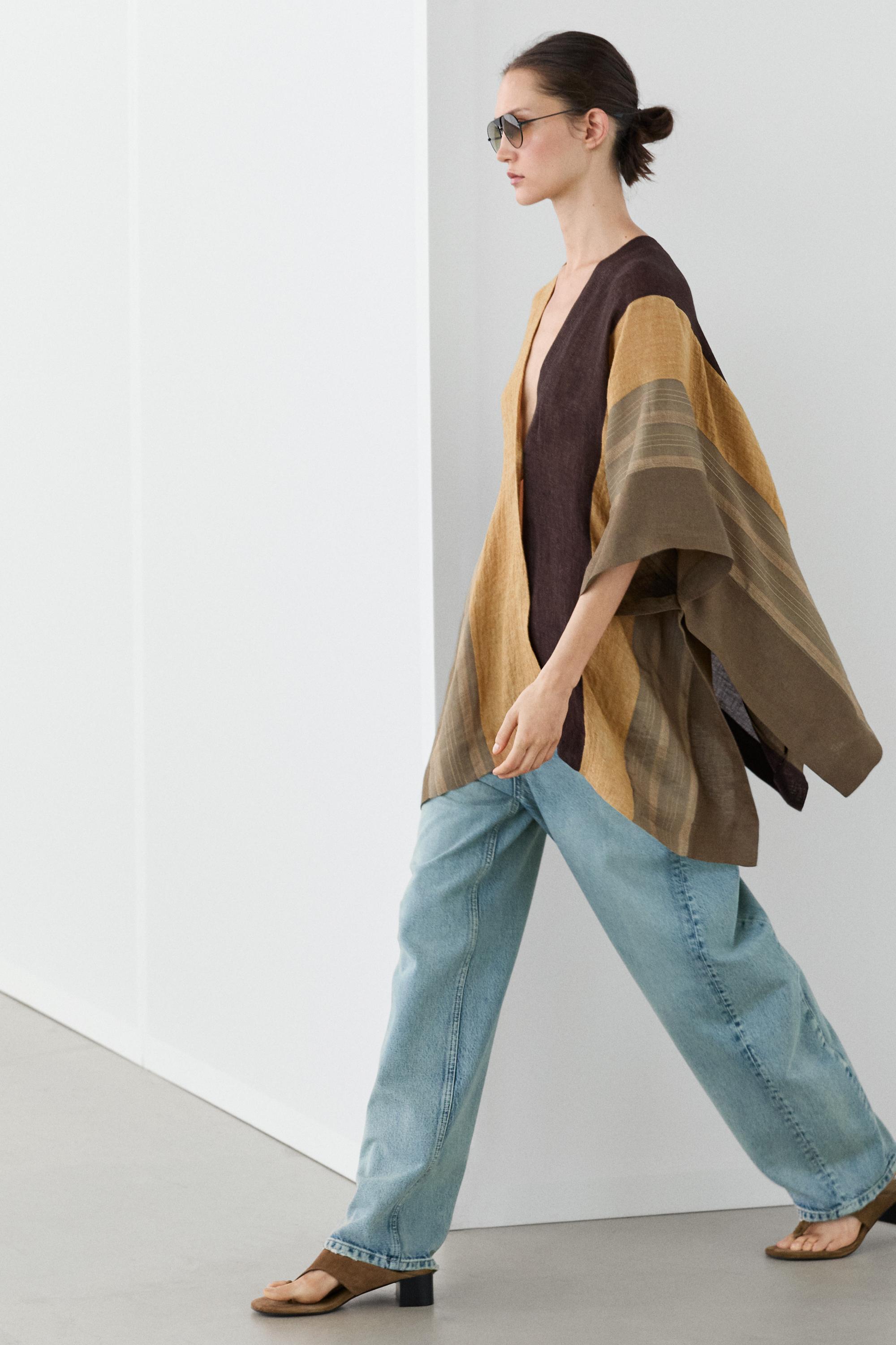 Flowing striped linen blend cape