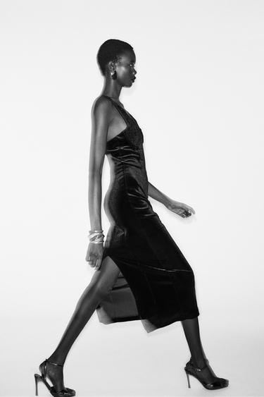 КАДИФЕНА РОКЛЯ СЪС СРЕДНА ДЪЛЖИНА И ДАНТЕЛА - Черен от Zara