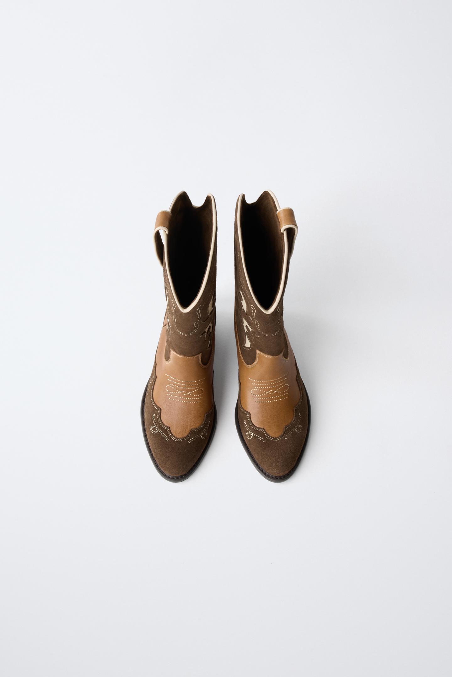 Детские ботинки Zara Contrast Leather Cowboy, цвет: Коричневый — фото 4
