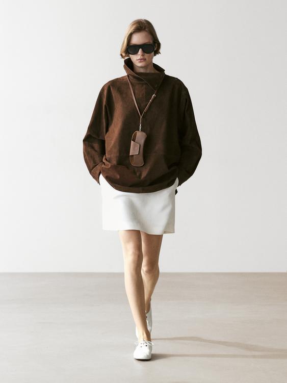 Suede leather oversize blouse with high neck from Zara - $590