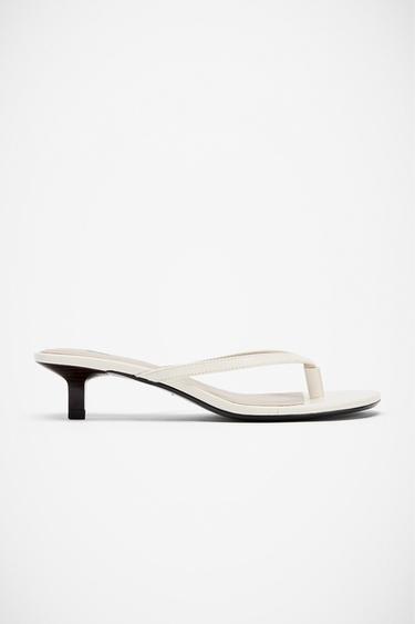Zara LEATHER KITTEN HEEL SANDALS - White
