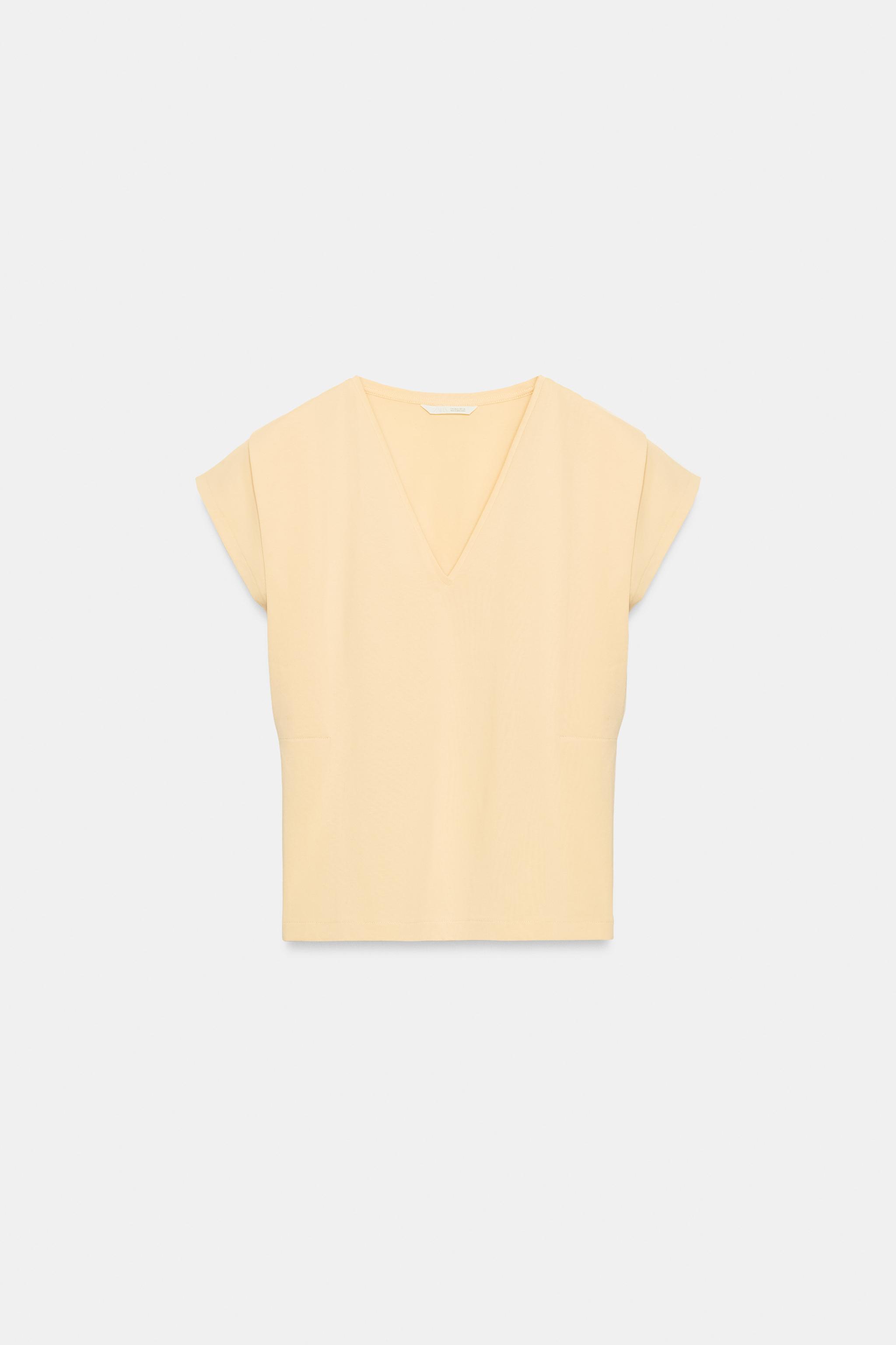 Zara PAMUKLU V YAKA T-SHIRT görsel 5