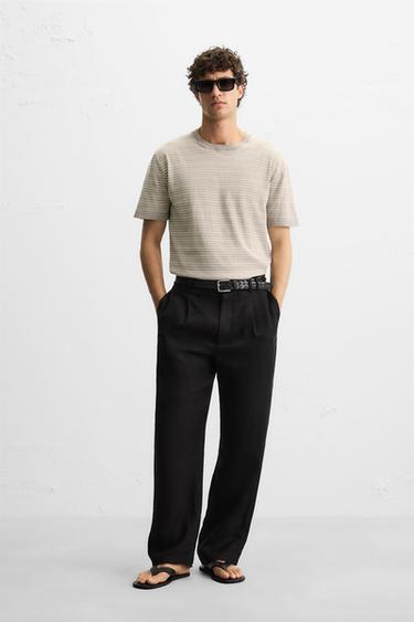 CAMISETA PUNTO ALGODÓN - LINO RAYAS - Gris / Beige de Zara