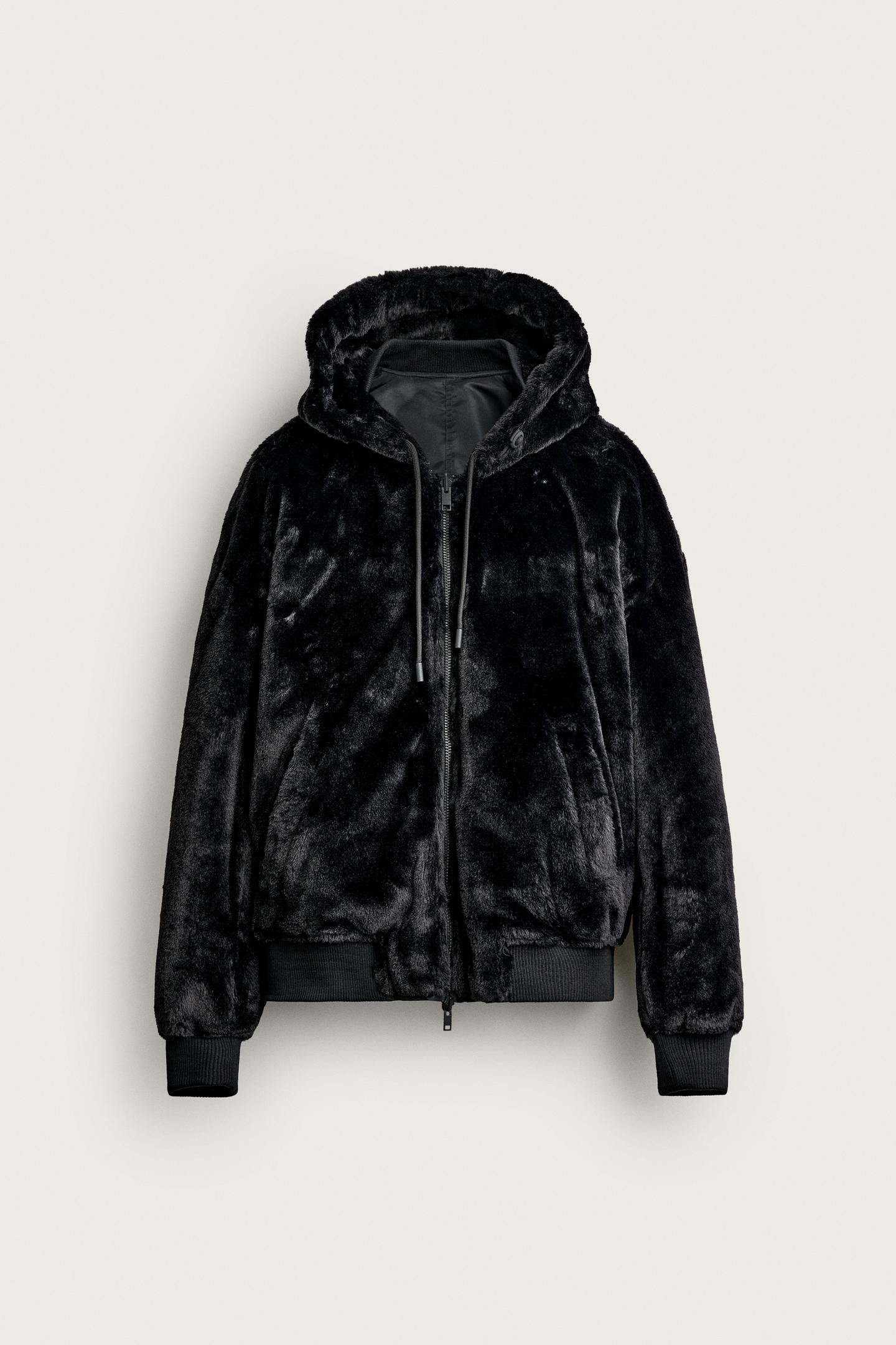Мужская куртка Zara Reversible Faux Fur Effect Bomber, цвет: Чёрный — фото 12