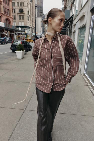 Zara STRIPED POCKET SHIRT - Brown / Ecru