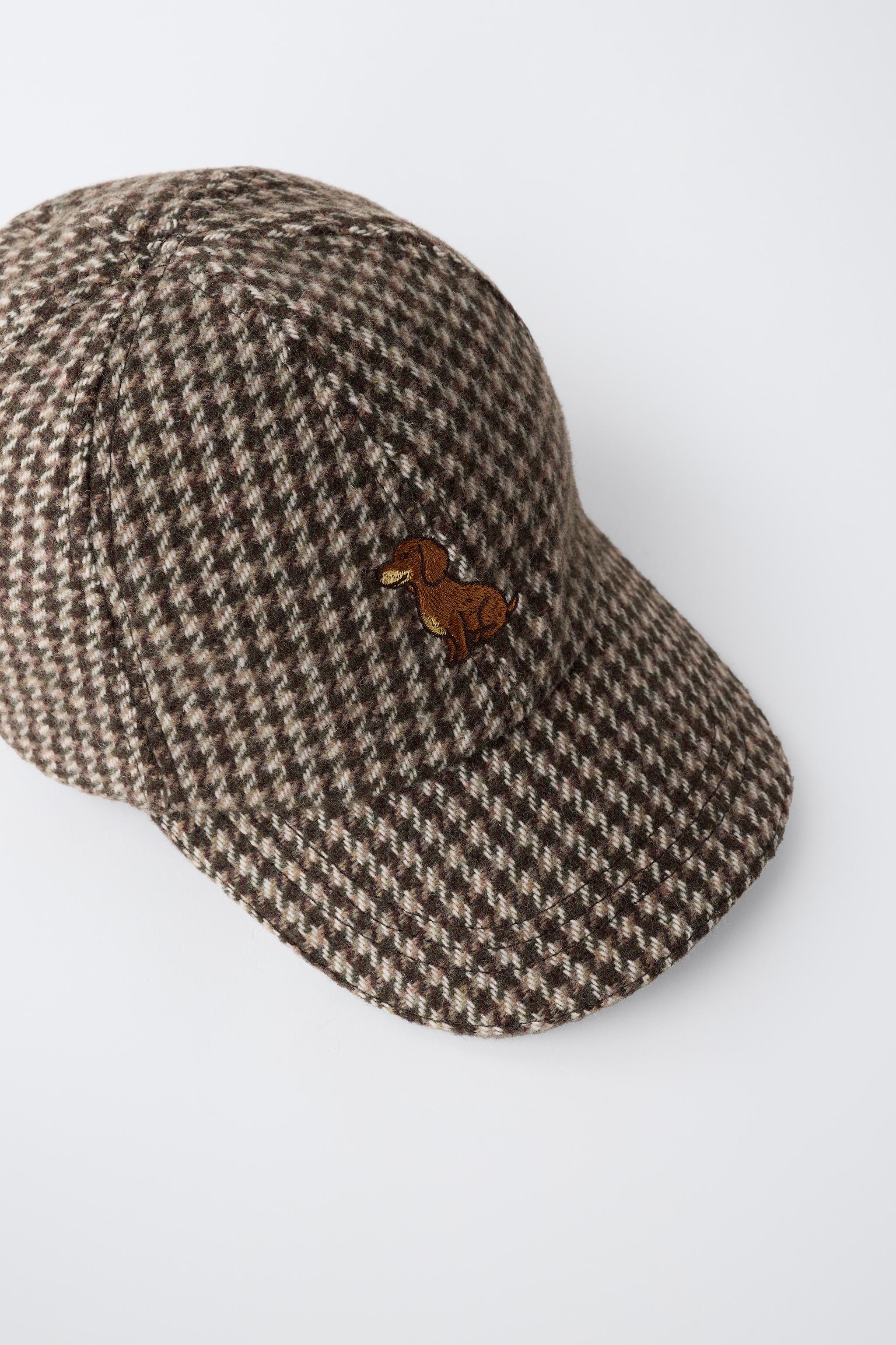 HOUNDSTOOTH CAP WITH EMBROIDERED DOG AND WOOL BLEND
