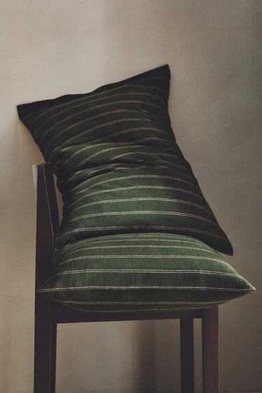 STRIPED COTTON AND LINEN CHRISTMAS PILLOWCASE - Green by Zara