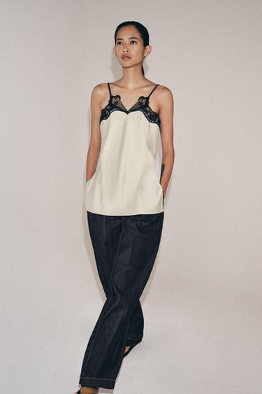 Zara ZW COLLECTION CONTRAST LACE TOP - Ecru