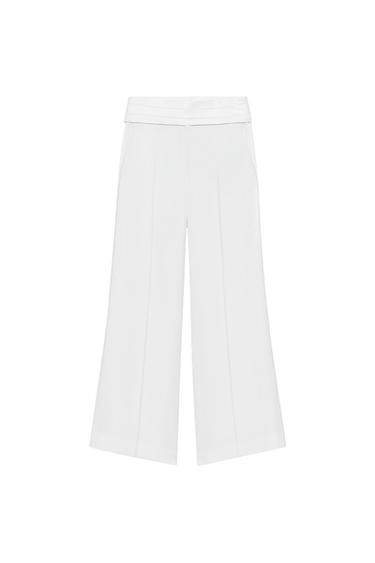 Zara ZW COLLECTION 亞麻腰帶長褲 - 白色