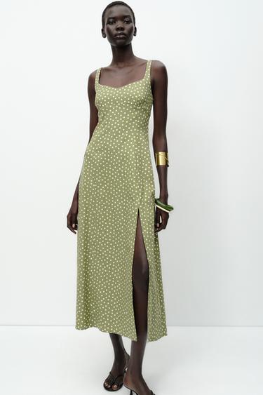 POLKA DOT LINEN BLEND MIDI DRESS - ecru/khaki by Zara