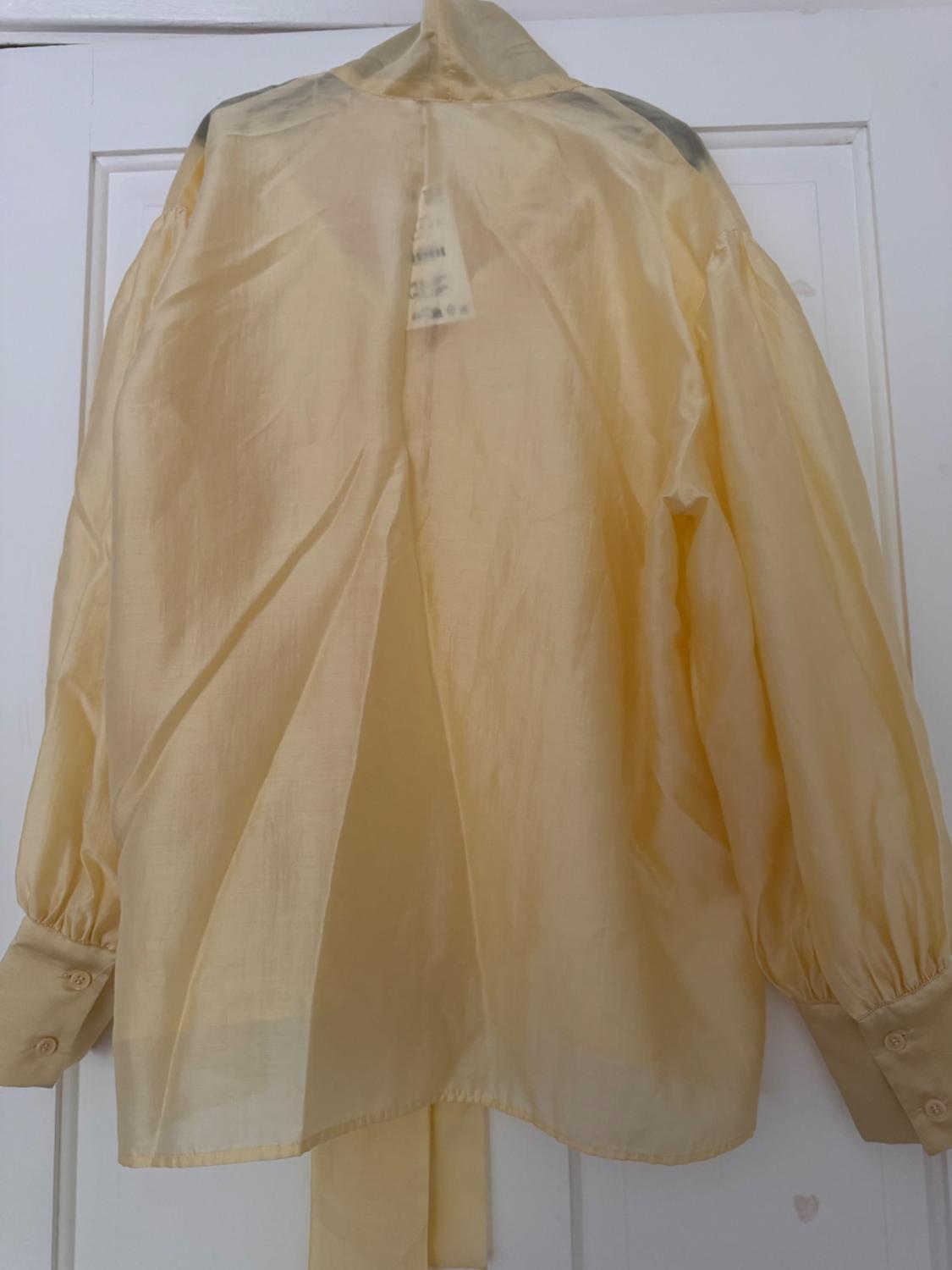 Semi-transparent yellow blouse with long puff sleeves and buttoned cuffs, hanging on a white door.