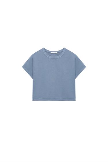 KORT T-SHIRT IN VERWASSEN LOOK - Diepblauw van Zara