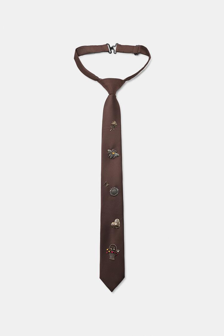 CONTRAST SNAP WOVEN TIE — Brown