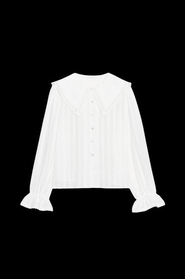 Zara LACE TRIM PETER PAN COLLAR SHIRT - Oyster-white - Image 0
