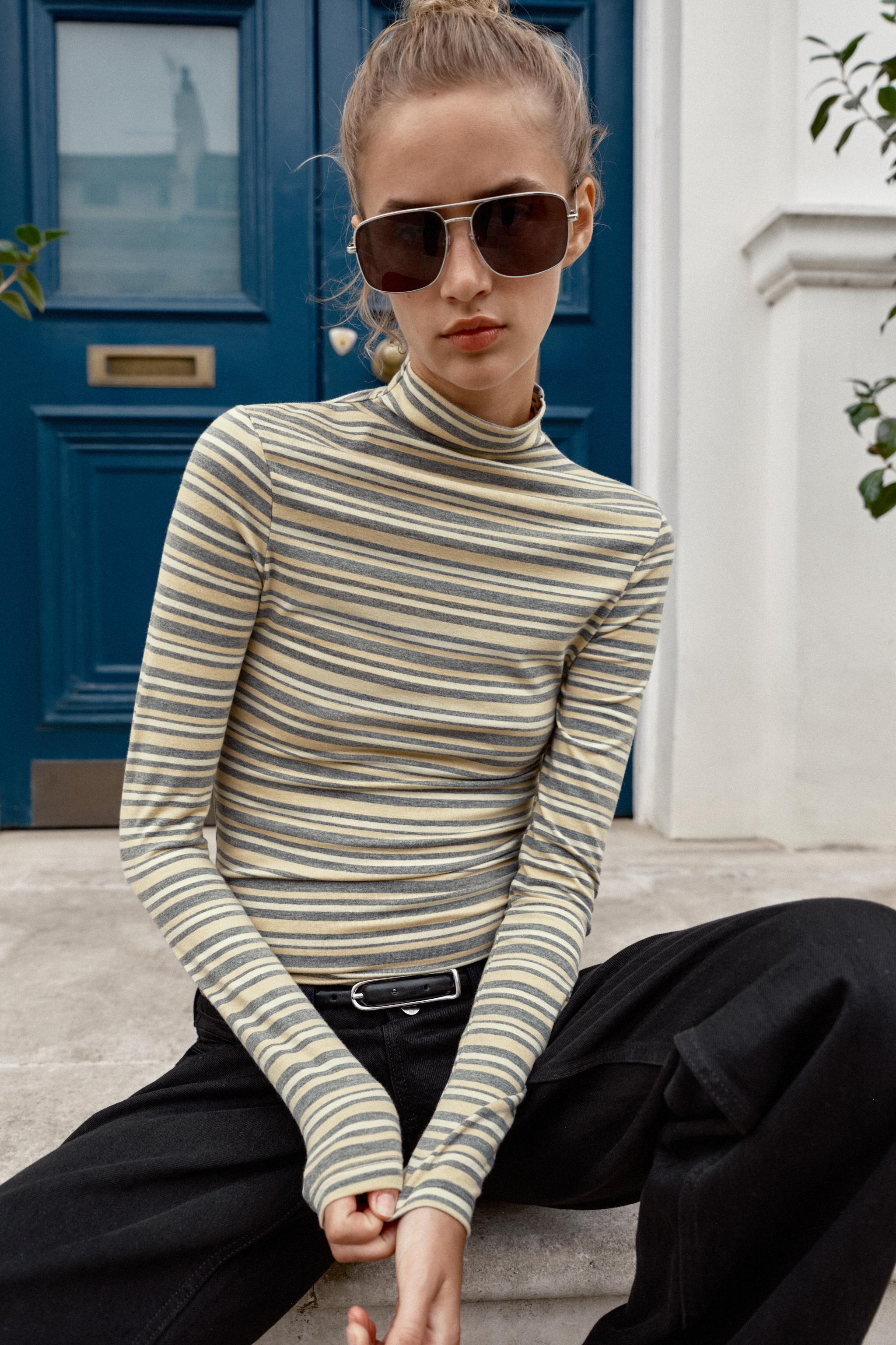 STRIPED MOCK NECK T-SHIRT — Striped