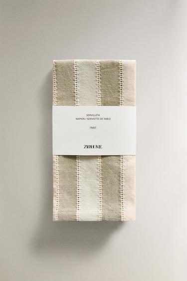 Zara STRIPED NAPKINS WITH LACE TRIM (PACK OF 2) - GREENISH