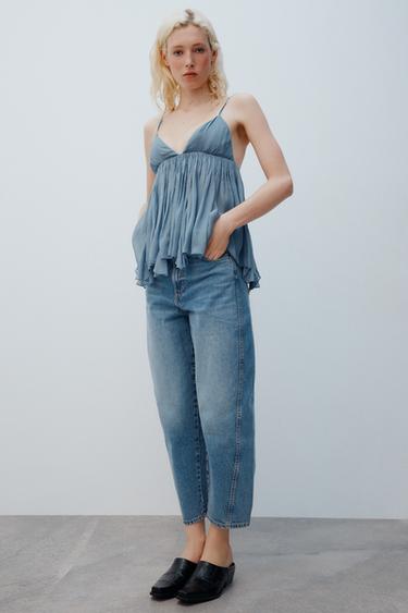 Zara TRF MID-RISE CROPPED VOLUMINOUS JEANS - Blue