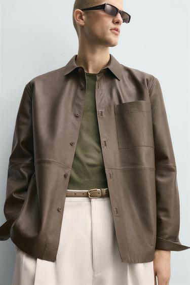 LEATHER SHIRT WITH POCKET - Khaki by Zara - Image 5