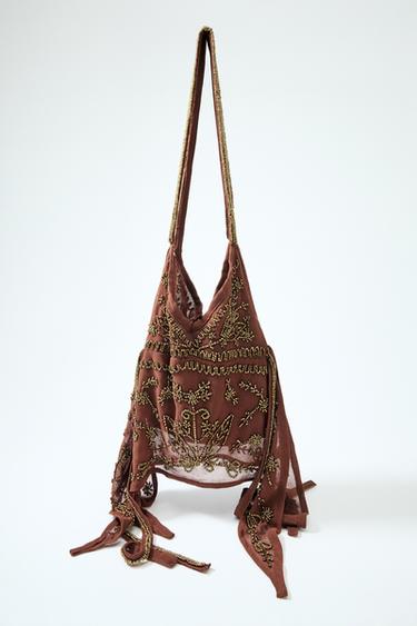 Zara SPARKLY BUCKET SHOULDER BAG - Burgundy Red