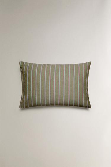 TAIE D’OREILLER PERCALE DE COTON RAYURES (300 FILS) - Vert de Zara - Image 3