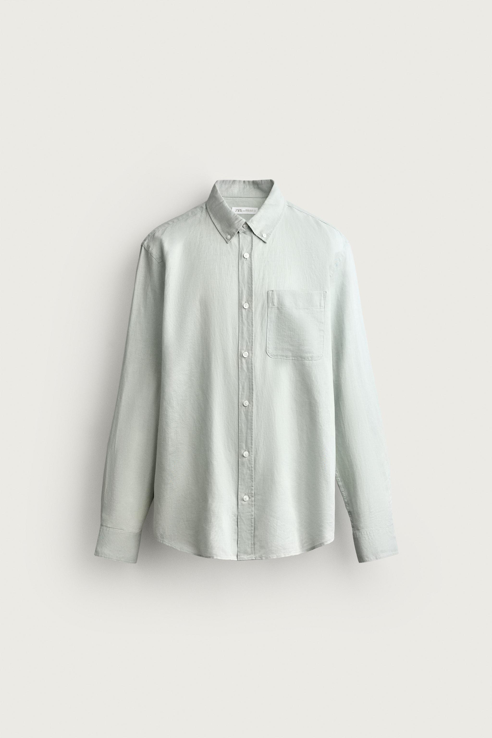LINEN COTTON BLEND REGULAR FIT SHIRT — Sea green