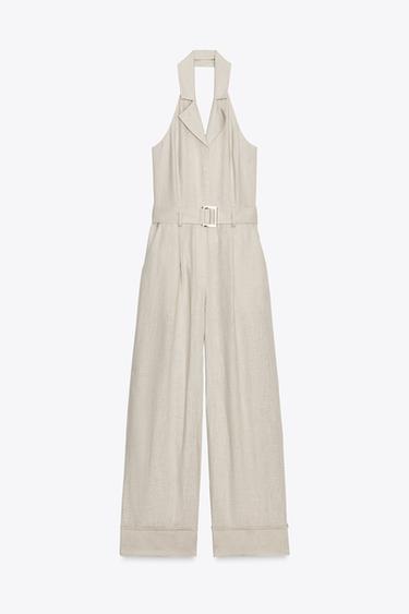 HALTER NECK LINEN BLEND JUMPSUIT - Sand by Zara - Image 5