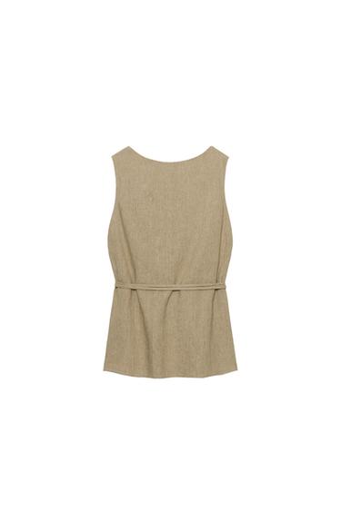 ZW COLLECTION LINEN BLEND BELTED TOP - Khaki by Zara