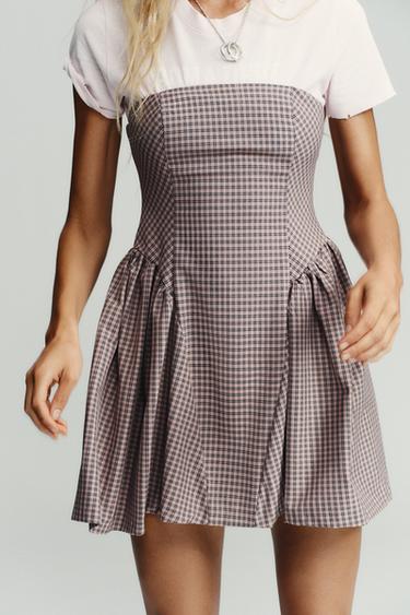 ROBE COURTE BUSTIER À CARREAUX VICHY - Rose pâle de Zara - Image 1