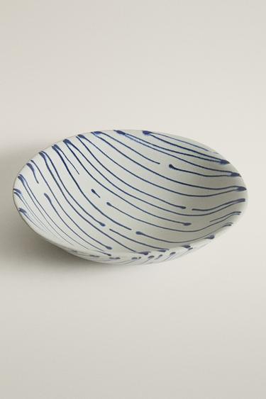 STRIPED EARTHENWARE SALAD BOWL — Blue / White 2