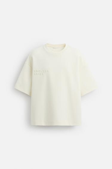 Zara EMBOSSED TEXT T-SHIRT - Oyster-white